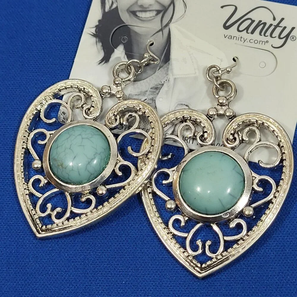 Heart-Shaped Vanity Earrings With‎ Faux Turquoise Stone & Filigree Design